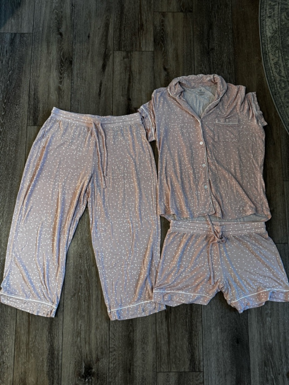 Knix 3 Piece Pajama Set Medium Pink Polka Dot Button Front Top Pants Shorts